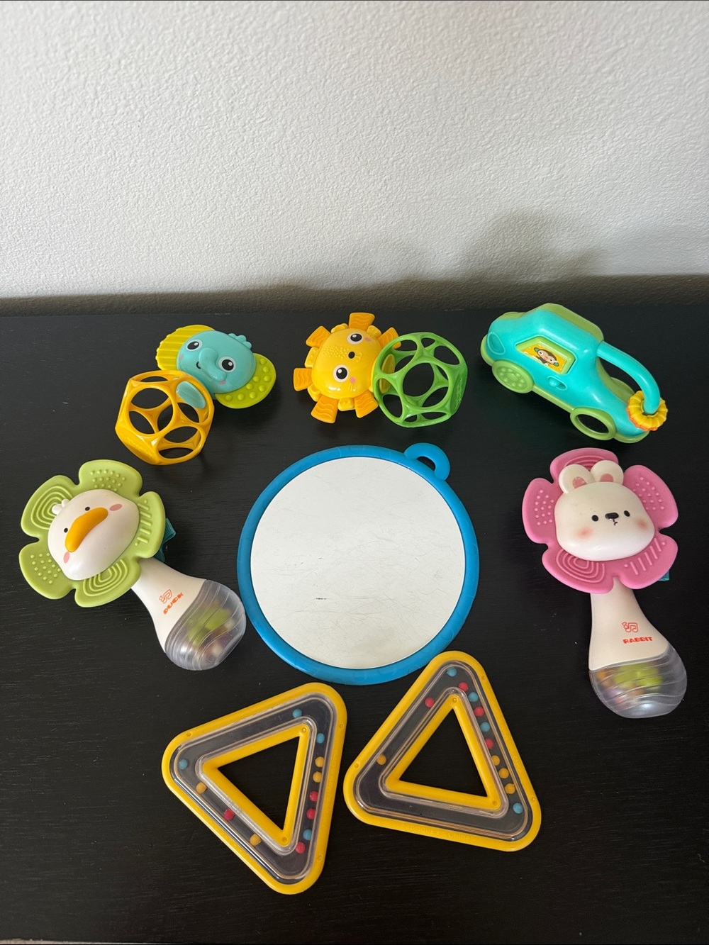 Baby Rattle Toy Set with Mirror - Blue, Green, Yellow, Pink